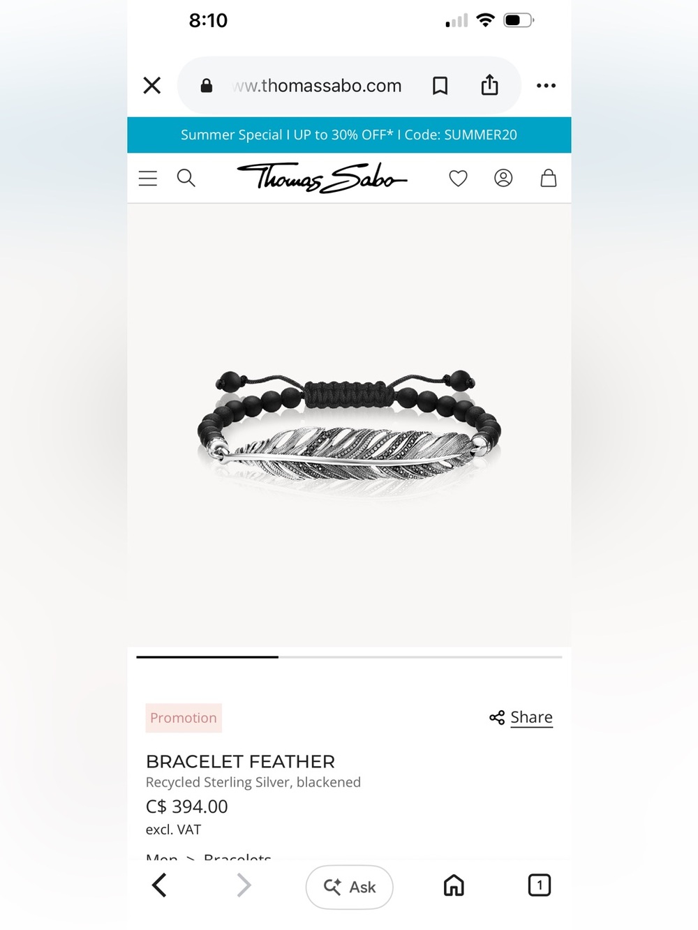 Thomas Sabo Obsidian Silver Feather Bracelet